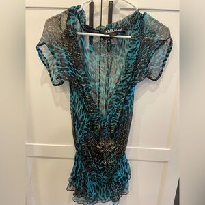 Teal & Black Sheer Animal-Print V-Neck Sheer Blouse with Jeweled detail